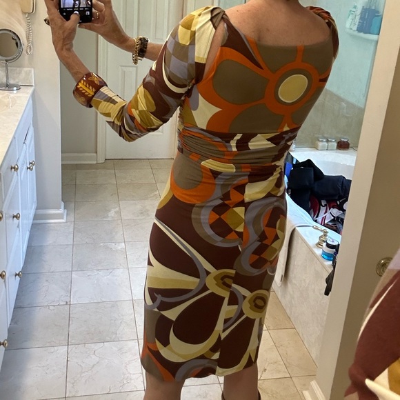 Charles Nolan Dress, Browns & Oranges, Wrap, Ruckering Side, Long Sleeved, Sz 4 - Picture 16 of 16